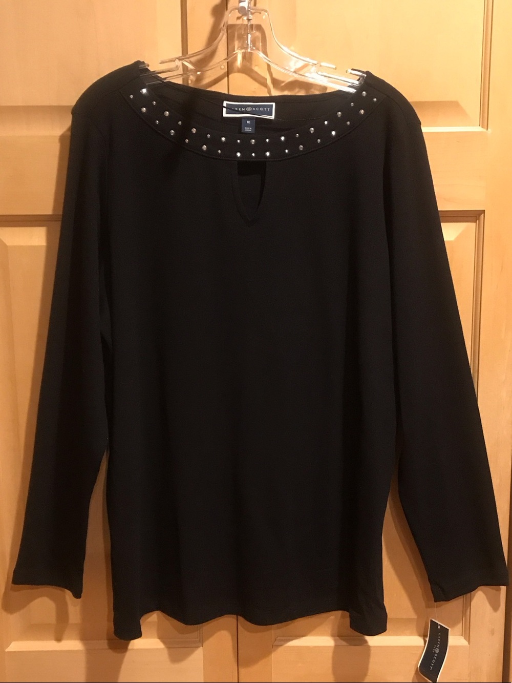 New Karen Scott Black Long-Sleeve Top with Studded Neckline